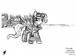 Size: 2209x1653 | Tagged: safe, artist:brekrofmadness, character:fluttershy, species:pony, buzzard (mad max fury road), crossover, female, goggles, mad max, mad max fury road, monochrome, solo, spikes, traditional art, truck