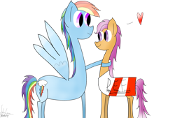 Size: 1748x1181 | Tagged: safe, artist:wonderschwifty, character:rainbow dash, character:scootaloo, species:pegasus, species:pony, clothing, costume, duo, female, filly, heart, hug, impossibly long neck, kfc, mare, request, scootachicken, scootalove, simple background, smiling, thin legs, transparent background, true love, wat