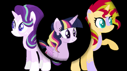 Size: 719x404 | Tagged: safe, artist:westrail642fan, character:starlight glimmer, character:sunset shimmer, character:twilight sparkle, character:twilight sparkle (alicorn), species:alicorn, species:pony, species:unicorn, alternate design, alternate timeline, alternate universe, asymmetry, blaze (coat marking), circle, coat markings, colored pupils, female, magical trio, mare, raised hoof, rise and fall, simple background, socks (coat marking), sts trinity, transparent background, trio, trio female