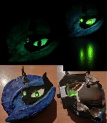 Size: 2356x2716 | Tagged: safe, artist:bastler, derpibooru original, character:queen chrysalis, species:changeling, 3d print, brooch, bust, changeling queen, collage, electronics, female, glow in the dark, glowing eyes, irl, led, light, painted, photo, portrait, solo