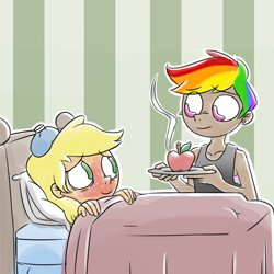 Size: 1300x1300 | Tagged: safe, artist:rawrienstein, character:applejack, character:rainbow dash, species:human, ship:appledash, alternate hairstyle, apple, bed, blushing, duo, female, food, humanized, in bed, lesbian, looking at each other, plate, shipping, sick, smiling