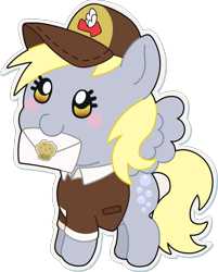 Size: 1609x2000 | Tagged: safe, artist:doctor-g, character:derpy hooves, species:pony, blushing, chibi, clothing, cute, derpabetes, female, hat, mailmare, mailmare hat, simple background, solo, transparent background, white outline