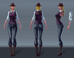 Size: 1024x814 | Tagged: safe, artist:sunset tide, character:applejack, species:human, boots, clothing, cold war, fedora, female, gray background, hat, high heel boots, humanized, jeans, necktie, pants, shoes, simple background, solo, species swap, suit, waistcoat