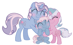 Size: 1024x630 | Tagged: safe, artist:superrosey16, base used, oc, oc only, oc:party popper, oc:spice, oc:sugar, parent:pinkie pie, parent:pokey pierce, parents:pokeypie, species:earth pony, species:pony, species:unicorn, female, filly, group hug, hug, mare, offspring, simple background, transparent background