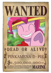 Size: 848x1200 | Tagged: safe, artist:feralroku, character:pinkie pie, species:pony, spoilers for another series, crossover, eyes closed, female, frog (hoof), monkey d luffy, one piece, smiling, solo, underhoof, wanted poster, waving