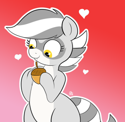 Size: 2538x2471 | Tagged: safe, artist:feralroku, oc, oc only, oc:bandy cyoot, acorn, cute, fangs, gradient background, heart, raccoon pony, smiling, solo
