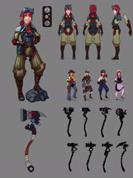 Size: 1600x2126 | Tagged: dead source, safe, artist:sunset tide, character:apple bloom, species:human, alternate costumes, big grin, engineer, fantasy class, female, freckles, gray background, grin, hammer, humanized, reference sheet, simple background, smiling, solo, steampunk