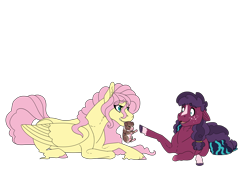 Size: 3500x2500 | Tagged: safe, artist:jackiebloom, character:fluttershy, oc, oc:winona iv, oc:zap apple, parent:applejack, parent:coloratura, parents:rarajack, species:dog, species:earth pony, species:pegasus, species:pony, amputee, blaze (coat marking), female, filly, high res, magical lesbian spawn, mare, missing limb, mouth hold, offspring, prone, puppy, simple background, socks (coat marking), transparent background