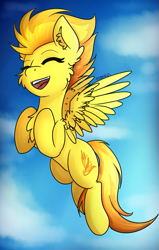 Size: 807x1270 | Tagged: safe, artist:deraniel, character:spitfire, species:pegasus, species:pony, cheek fluff, chest fluff, cute, cutefire, ear fluff, female, flying, happy, mare, sky, smiling, solo