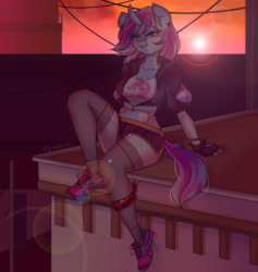 Size: 2843x3000 | Tagged: safe, artist:timkaa, character:pinkie pie, oc, oc:aqua jewel, species:anthro, species:pony, species:unicorn, belly, city, cityscape, clothing, curved horn, female, gloves, roof, shirt, shoes, shorts, sitting, smiling, smirk, sneakers, stockings, sunset, thigh highs, zettai ryouiki