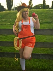 Size: 3024x4032 | Tagged: safe, artist:mintyblitzz, character:applejack, species:human, apple, chubby, clothing, cosplay, costume, female, fence, food, irl, irl human, lasso, overalls, photo, rope, solo