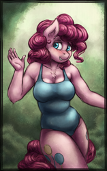 Size: 1254x2000 | Tagged: safe, artist:bantha, artist:chromaskunk, edit, character:pinkie pie, species:anthro, both cutie marks, breasts, chest fluff, chubby, clothing, colored, curvy, cute, female, one-piece swimsuit, plump, solo, swimsuit