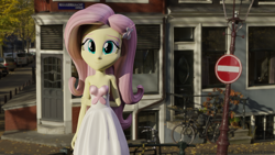 Size: 1920x1080 | Tagged: safe, artist:efk-san, character:fluttershy, my little pony:equestria girls, 3d, bicycle, car, clothing, dress, female, lamppost, sign, solo