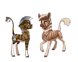 Size: 3000x2400 | Tagged: safe, artist:jackiebloom, oc, oc only, oc:kinyume, parent:daring do, parent:zecora, parents:daringcora, species:zony, duo, ear piercing, earring, high res, hybrid, interspecies offspring, jewelry, leonine tail, magical lesbian spawn, offspring, piercing, quagga, simple background, socks (coat marking), tail ring, transparent background