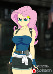 Size: 1024x1424 | Tagged: safe, artist:raydonxd, part of a set, character:fluttershy, my little pony:equestria girls, big breasts, breasts, busty fluttershy, cleavage, clothing, crossover, female, gun, jill valentine, patreon, patreon logo, raccoon city, resident evil, resident evil 3, solo, weapon