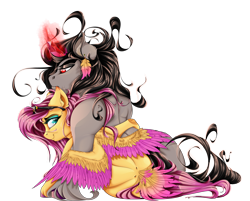 Size: 4751x3820 | Tagged: safe, alternate version, artist:dimidiummorsumbra, character:fluttershy, character:king sombra, ship:sombrashy, ear fluff, ear piercing, earring, eyeshadow, female, hug, jewelry, makeup, male, piercing, semi-anthro, shipping, simple background, sitting, smiling, straight, sunglasses, tail feathers, transparent background, unshorn fetlocks, winghug