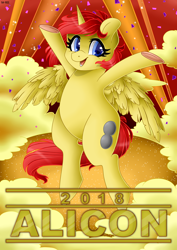 Size: 1024x1448 | Tagged: safe, artist:sk-ree, oc, oc only, oc:spheres, species:alicorn, species:pony, alicon, alicorn oc, bipedal, convention:alicon, female, mare, poster, pun, solo