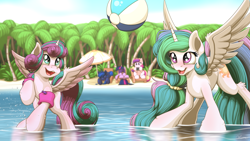 Size: 3840x2160 | Tagged: safe, artist:ohemo, character:princess cadance, character:princess celestia, character:princess flurry heart, character:princess luna, character:twilight sparkle, character:twilight sparkle (alicorn), species:alicorn, species:pony, 16:9, 4k, alicorn pentarchy, auntlestia, ball, beach, beach ball, beach umbrella, blushing, book, camera, covered, cute, cutedance, cutelestia, duo focus, eyes closed, female, filly, floaty, flurrybetes, hairband, high res, island, leg fluff, looking at something, lunabetes, lying down, mare, missing accessory, ocean, older, older flurry heart, on back, open mouth, outdoors, palm tree, playful, playing, princess, prone, raised leg, sand, sitting, sleeping, smiling, splashing, sports, spread wings, standing, summer, taking a photo, that pony sure does love books, tree, twiabetes, umbrella, volleyball, wading, wall of tags, wallpaper, watching, water, water wings, wide eyes, wing fluff, wings, younger
