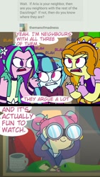 Size: 689x1219 | Tagged: safe, artist:psychodiamondstar, character:adagio dazzle, character:aria blaze, character:sonata dusk, character:sour sweet, my little pony:equestria girls, argument, binoculars, the dazzlings