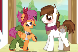 Size: 900x598 | Tagged: safe, artist:superrosey16, character:pipsqueak, character:scootaloo, species:pegasus, species:pony, clothing, female, grease, male, older, older pipsqueak, older scootaloo, scootasqueak, shipping, straight, sweat