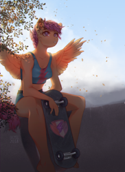 Size: 2620x3593 | Tagged: safe, artist:dagmell, character:scootaloo, species:anthro, species:pegasus, species:pony, bush, clothing, female, foliage, leaves, plant, shorts, sitting, skateboard, skaterloo, solo, spread wings, tank top, tree, wings