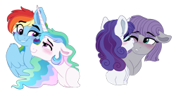 Size: 1174x652 | Tagged: safe, artist:saphi-boo, character:maud pie, character:princess celestia, character:rainbow dash, character:rarity, species:pony, ship:dashlestia, ship:rarimaud, blushing, eyes closed, female, kissing, lesbian, mare, shipping, simple background, smiling, transparent background