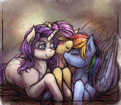 Size: 1891x1645 | Tagged: safe, artist:bantha, character:fluttershy, character:rainbow dash, character:rarity, species:pegasus, species:pony, species:unicorn, ship:flutterdash, ship:raridash, ship:rarishy, blushing, cuddling, cute, eyes closed, eyeshadow, female, flaridash, fluffy, fluttershy gets all the mares, folded wings, happy, leg fluff, lesbian, lidded eyes, makeup, mare, messy mane, neck fluff, nuzzling, one eye closed, open mouth, ot3, polyamory, prone, shipping, shoulder fluff, smiling, underhoof, unshorn fetlocks, wink