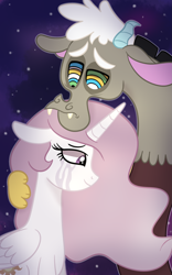 Size: 1309x2093 | Tagged: safe, artist:ashidaii, character:discord, character:princess celestia, species:pony, fanfic:sleep while i drive, ship:dislestia, crying, fanfic, fanfic art, female, hypno eyes, male, pink-mane celestia, shipping, space, straight, young, younger