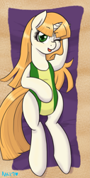 Size: 1695x3348 | Tagged: safe, artist:naomiknight17, oc, oc only, oc:chai malai, species:pony, species:unicorn, beach, clothing, female, one eye closed, redhead, sand, signature, solo, swimsuit, tongue out, towel, wink