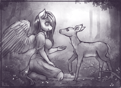 Size: 1900x1385 | Tagged: safe, artist:bantha, character:fluttershy, species:anthro, species:deer, breasts, clothing, cute, dress, duo, fawn, feeding, female, grayscale, kindness, kneeling, looking at each other, monochrome, profile, spread wings, wings