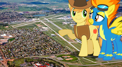 Size: 800x444 | Tagged: safe, artist:jerryakira79, character:braeburn, character:spitfire, species:pony, female, giant ponies in real life, giant pony, irl, macro, male, photo, ponies in real life, shipping, spitburn, straight