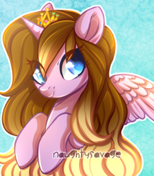 Size: 400x459 | Tagged: safe, artist:cabbage-arts, oc, oc only, oc:rainbow heart, species:alicorn, species:pony, abstract background, alicorn oc, blue background, smiling, solo