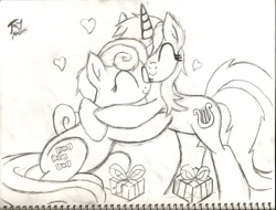 Size: 2202x1674 | Tagged: safe, artist:brekrofmadness, character:bon bon, character:lyra heartstrings, character:sweetie drops, species:earth pony, species:pony, species:unicorn, ship:lyrabon, female, hug, lesbian, monochrome, present, shipping, sketch, traditional art