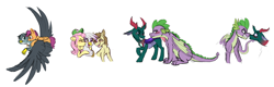 Size: 2678x858 | Tagged: safe, artist:saphi-boo, character:fluttershy, character:gabby, character:gilda, character:hayseed turnip truck, character:pharynx, character:prince pharynx, character:scootaloo, character:spike, species:changeling, species:dragon, species:griffon, species:pegasus, species:pony, species:reformed changeling, ship:gildashy, blushing, female, flying, gabbyloo, gay, gildaseed, gildaseedshy, hayshy, lesbian, male, ot3, polyamory, shipping, simple background, spharynx, white background, winged spike