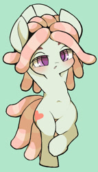 Size: 865x1508 | Tagged: safe, artist:ccc, character:tree hugger, species:earth pony, species:pony, cute, female, green background, looking at you, mare, simple background, solo, tree pose