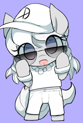 Size: 1247x1831 | Tagged: safe, artist:ccc, character:silver spoon, species:earth pony, species:pony, baseball cap, cap, clothing, cute, female, gangsta, glasses, hat, jewelry, looking at you, necklace, pants, purple background, shirt, silverbetes, simple background, solo