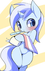 Size: 1172x1860 | Tagged: safe, artist:ccc, character:minuette, species:pony, species:unicorn, blushing, cup, cute, female, mare, minubetes, solo, toothbrush, towel