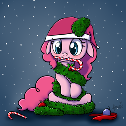 Size: 1000x1000 | Tagged: safe, artist:maplesunrise, character:pinkie pie, ask snuggle pie, candy, candy cane, christmas, christmas ornament, clothing, decoration, female, food, hat, holly, mouth hold, ornament, santa hat, snow, snowfall, solo, tinsel