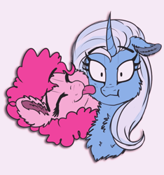 Size: 600x640 | Tagged: safe, artist:saphi-boo, character:pinkie pie, character:trixie, ship:trixiepie, cheek fluff, chest fluff, ear fluff, female, lesbian, licking, shipping, tongue out