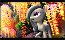 Size: 1920x1188 | Tagged: safe, artist:skilm, character:marble pie, species:pony, 3d, beautiful, cute, female, forest, grass, leaves, marblebetes, rock, scenebuild, solo, source filmmaker