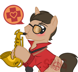 Size: 1024x941 | Tagged: safe, artist:superrosey16, species:pony, species:unicorn, blushing, glasses, male, musical instrument, ponified, saxophone, simple background, sniper, solo, stallion, team fortress 2, transparent background