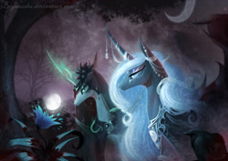 Size: 2025x1430 | Tagged: safe, artist:begasus, character:nightmare moon, character:princess luna, character:queen chrysalis, species:alicorn, species:changeling, species:pony, ship:chrysmoon, changeling queen, crescent moon, female, flower, lesbian, mare, moon, night, shipping, tree
