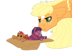 Size: 2480x1754 | Tagged: safe, artist:jackiebloom, character:applejack, oc, oc:zap apple, parent:applejack, parent:coloratura, parents:rarajack, species:pony, baby, baby pony, clothing, female, hat, magical lesbian spawn, mother and daughter, offspring, plushie, simple background, sleeping, star (coat marking), transparent background