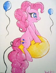Size: 305x400 | Tagged: safe, artist:prettypinkpony, character:pinkie pie, species:earth pony, species:pony, acrylic painting, balloon, balloon sitting, female, simple background, solo, traditional art, white background