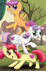 Size: 1012x1564 | Tagged: safe, artist:wolftendragon, character:apple bloom, character:scootaloo, character:sweetie belle, species:earth pony, species:pegasus, species:pony, species:unicorn, cutie mark crusaders, female, filly, pony pile, scenery, tower of pony, tree, trio