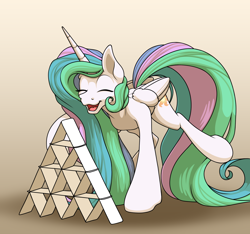 Size: 1920x1800 | Tagged: safe, artist:ohemo, character:princess celestia, species:alicorn, species:pony, newbie artist training grounds, atg 2018, cute, cutelestia, eyes closed, female, gradient background, house of cards, mare, missing accessory, simple background, smiling, solo