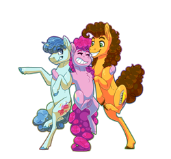 Size: 3000x2800 | Tagged: safe, artist:jackiebloom, character:cheese sandwich, character:party favor, character:pinkie pie, species:earth pony, species:pony, species:unicorn, bipedal, female, friendshipping, high res, male, mare, party trio, realistic horse legs, simple background, smiling, stallion, transparent background, trio