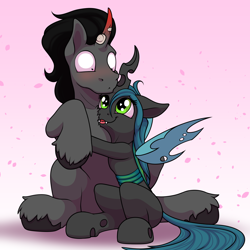 Size: 2000x2000 | Tagged: safe, artist:ohemo, character:king sombra, character:queen chrysalis, species:changeling, species:pony, newbie artist training grounds, ship:chrysombra, atg 2018, blushing, changeling queen, cute, cutealis, female, heart eyes, hug, male, shipping, smiling, sombradorable, stallion, straight, wingding eyes