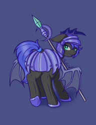Size: 2600x3400 | Tagged: safe, artist:soulfulmirror, oc, oc only, oc:nebula wings, species:bat pony, armor, bat pony oc, blue background, dock, fangs, female, helmet, high res, looking at you, looking back, night guard, raised tail, simple background, smiling, smirk, solo, spear, tail, tail aside, tail wrap, weapon, wings