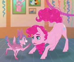 Size: 3200x2700 | Tagged: safe, artist:jackiebloom, character:pinkie pie, oc, oc:disco inferno, species:earth pony, species:mule, species:pony, colt, duo, female, high res, hybrid, male, mare, mother and son, pegamule, pinkie sense, twitchy tail, younger